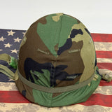 Cold War Era USGI M1 Steel Pot Helmet with Original M81 Woodland Cover – Rear Seam, Swivel Bale — view 1